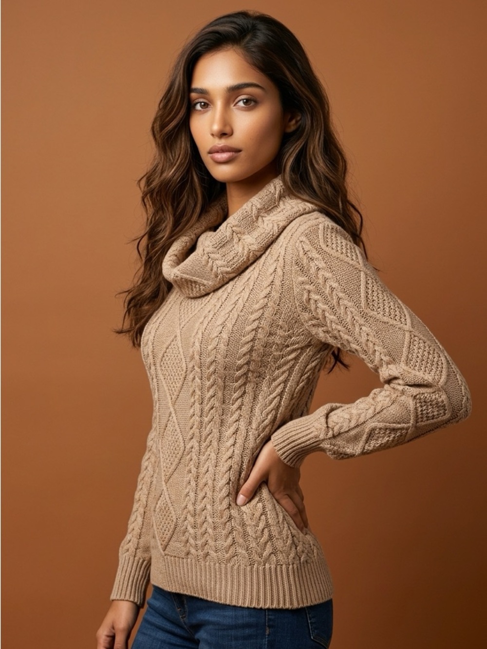 Marled Reunited Clothing Beige Cowl Neck Cable Knit Cozy Cottagecore Sweater-S